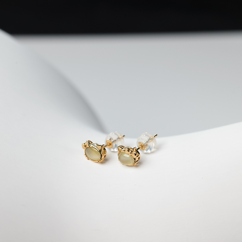 天然猫眼黄色金绿宝石耳钉-红掌柜