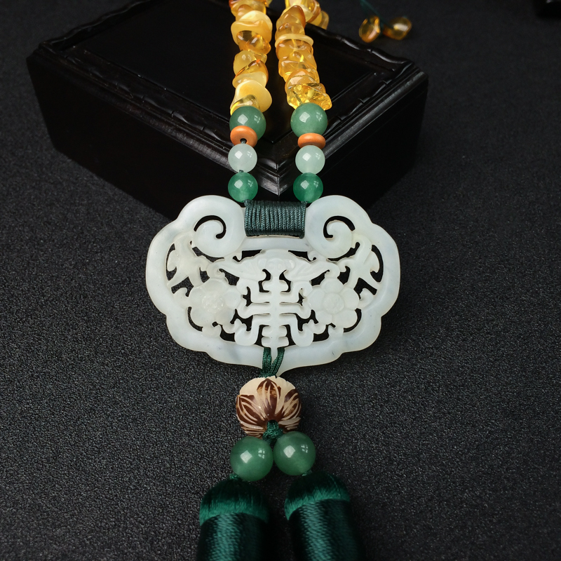 天然岫玉蜜蜡车挂-红掌柜