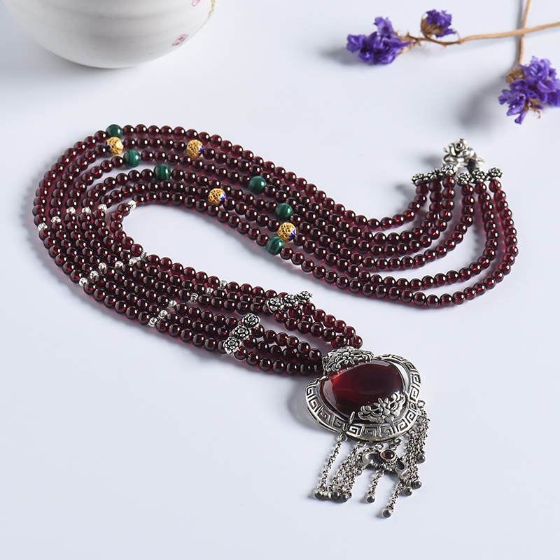 酒红石榴石毛衣链 - 红掌柜