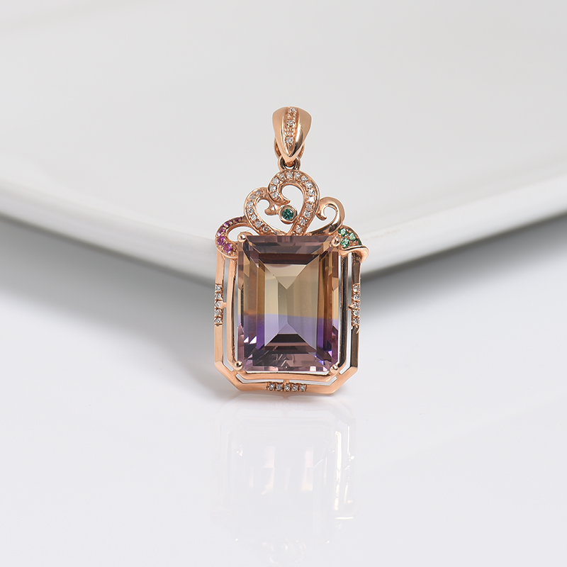 18K镶钻巴西天然紫黄晶吊坠-红掌柜