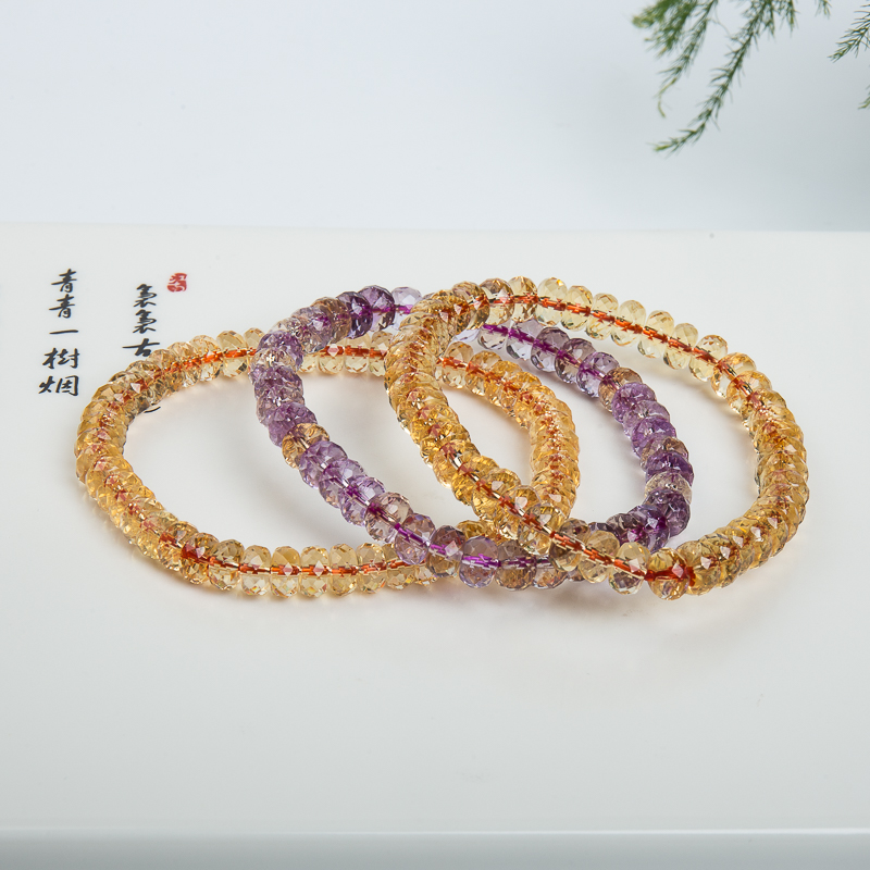巴西天然紫黄水晶刻面三圈手串-红掌柜