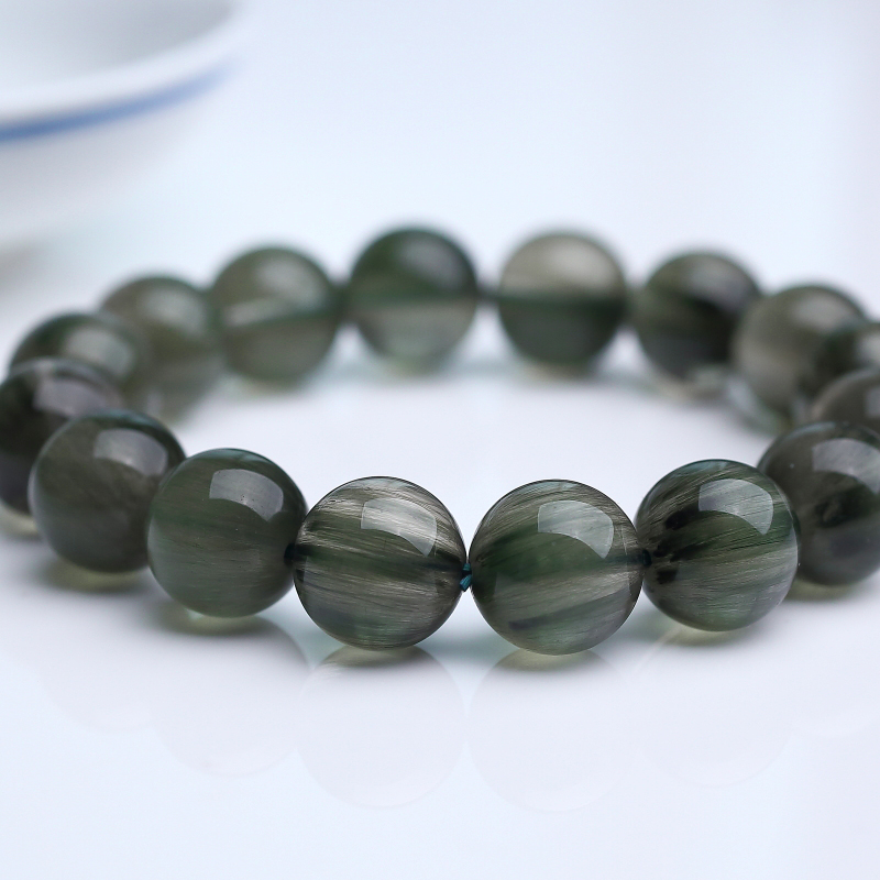 巴西天然13.5mm绿发晶圆珠手串 - 红掌柜