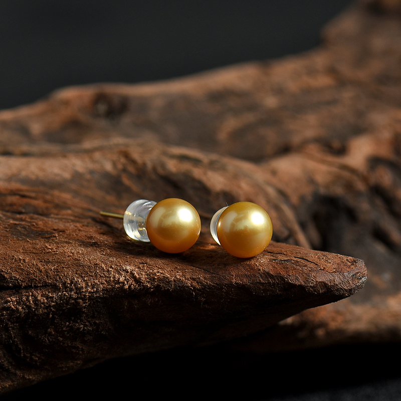 天然菲律宾18k金镶金色珍珠耳钉-红掌柜