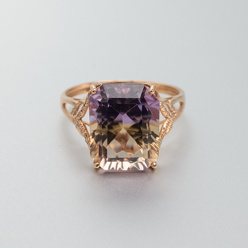 玻利维亚天然18K金镶钻紫黄晶戒指 - 红掌柜