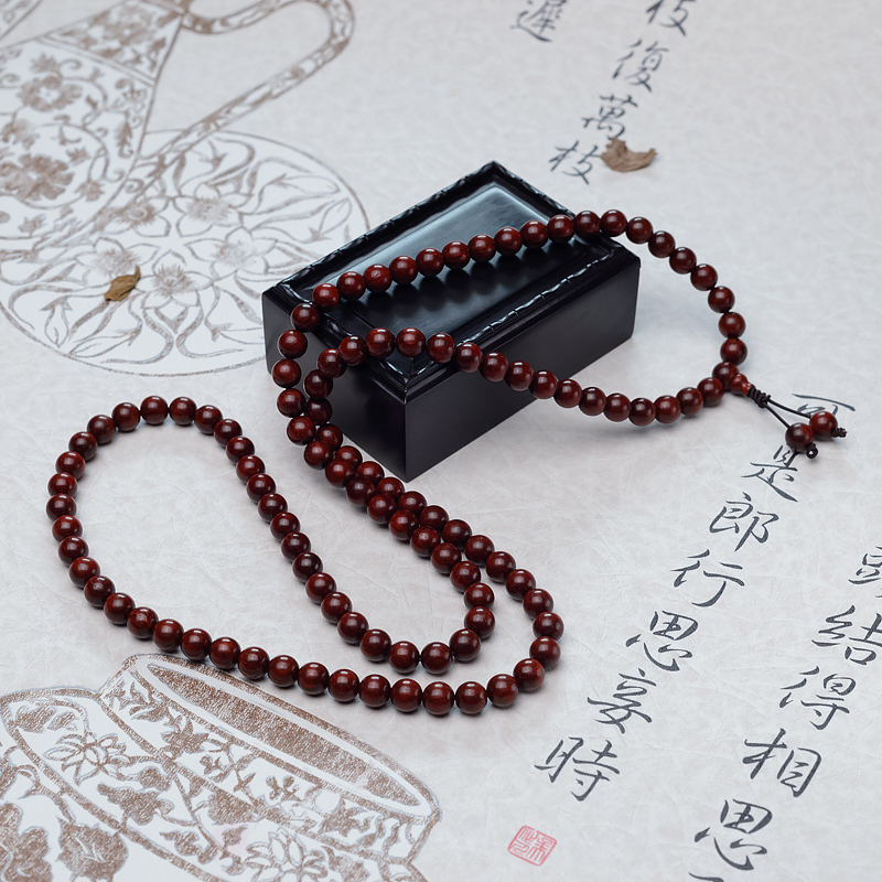 天然满星鸡血红小叶紫檀108佛珠-红掌柜