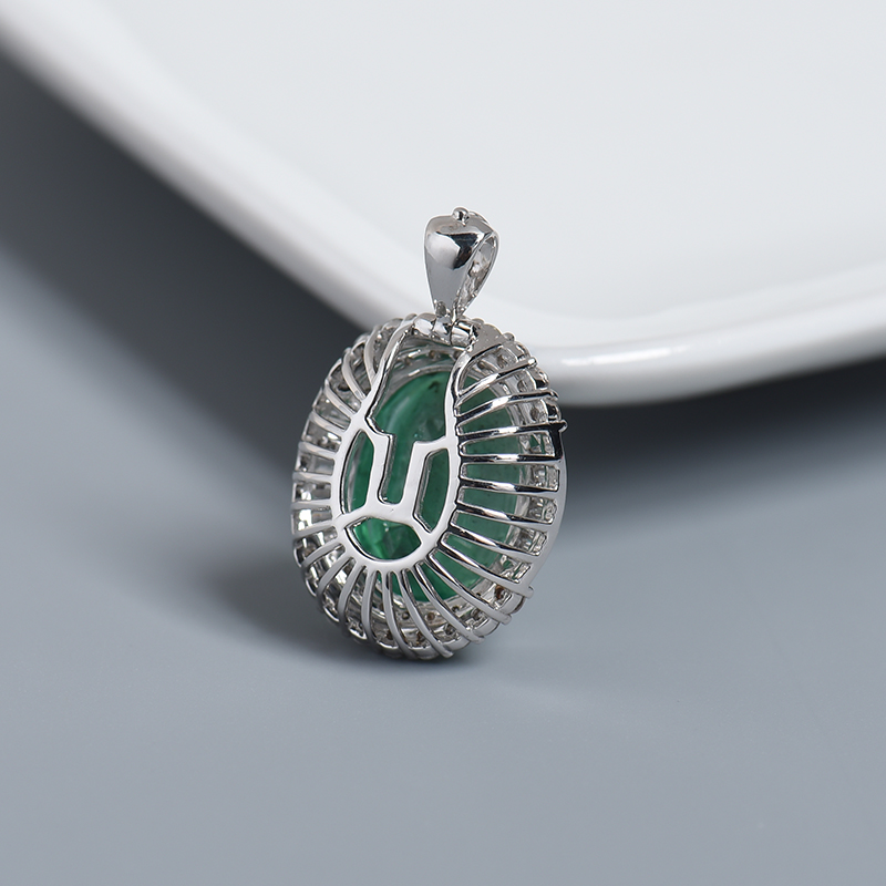 哥伦比亚18K白金镶钻祖母绿刻面吊坠 - 红掌柜