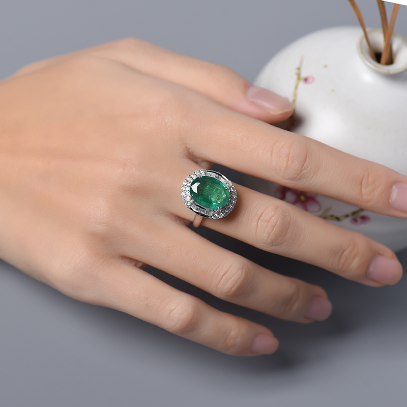 哥伦比亚18K白金镶钻祖母绿刻面戒指 - 红掌柜