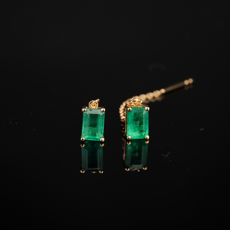 18K金镶蓝绿色祖母绿刻面耳钉-红掌柜