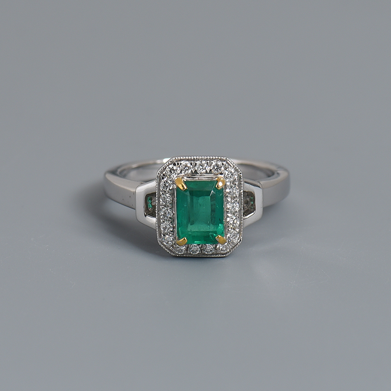 18K金镶钻蓝绿色祖母绿刻面戒指-红掌柜