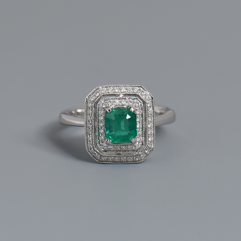 18K金镶钻蓝绿色祖母绿刻面戒指-红掌柜