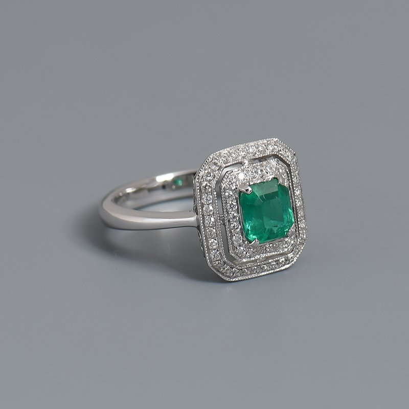 蓝绿色祖母绿刻面戒指-红掌柜