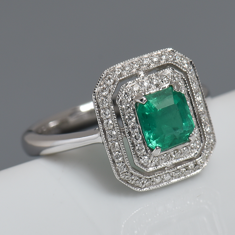 18K金镶钻蓝绿色祖母绿戒指-红掌柜