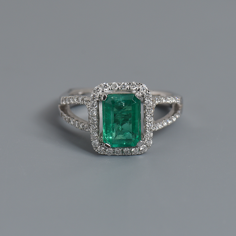 18K金镶钻蓝绿色祖母绿刻面戒指-红掌柜