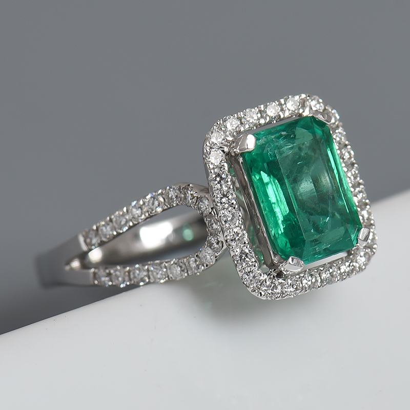 18K金镶钻蓝绿色祖母绿戒指-红掌柜