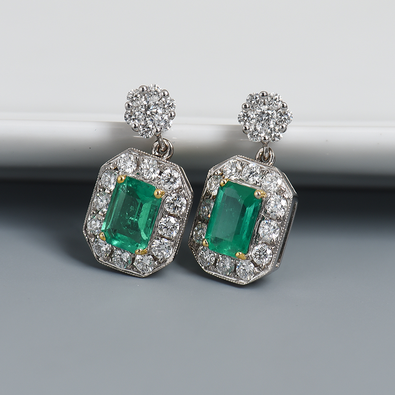 金镶钻蓝绿色祖母绿刻面耳坠-红掌柜