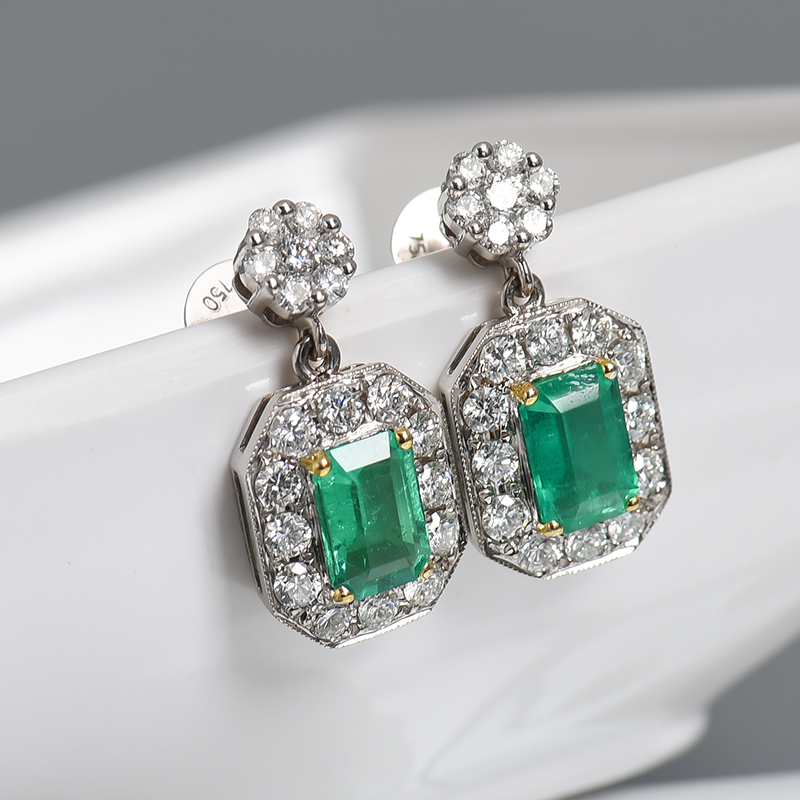 18K金镶钻蓝绿色祖母绿耳坠-红掌柜