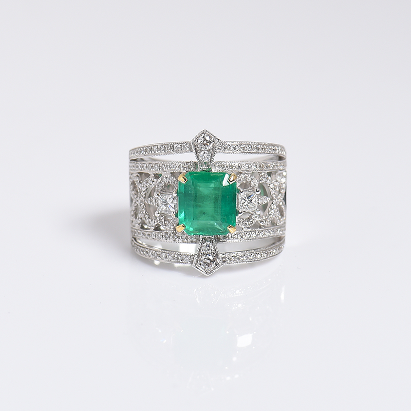 哥伦比亚天然18K白金镶钻鲜绿祖母绿刻面戒指 - 红掌柜