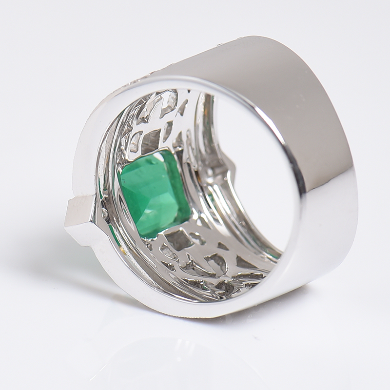 哥伦比亚18K白金镶钻鲜绿祖母绿戒指 - 红掌柜