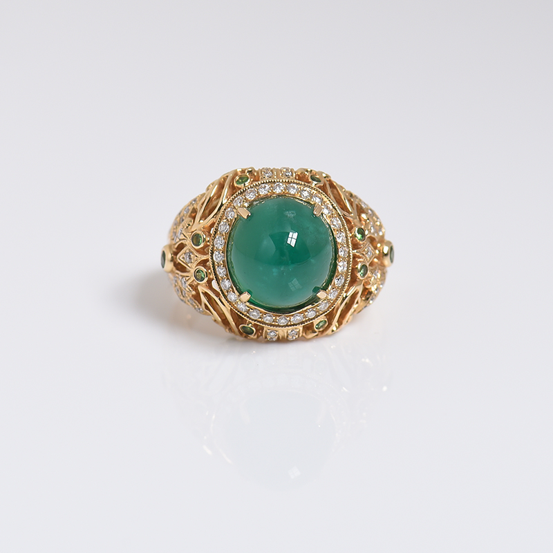 哥伦比亚天然18K金镶钻鲜绿祖母绿猫眼戒指 - 红掌柜