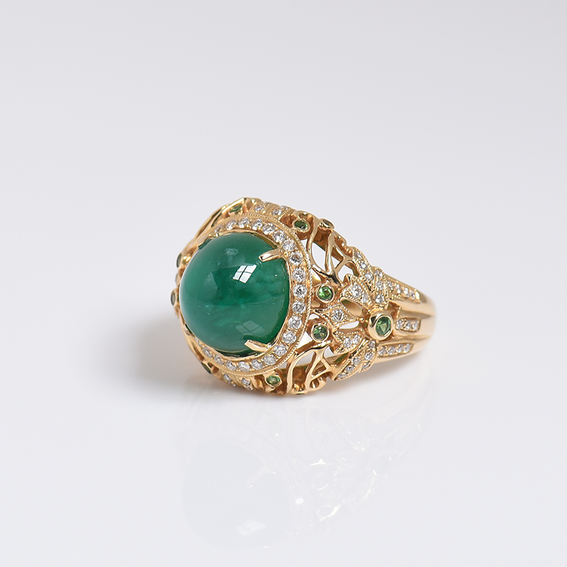 天然18K金镶钻鲜绿祖母绿猫眼戒指 - 红掌柜