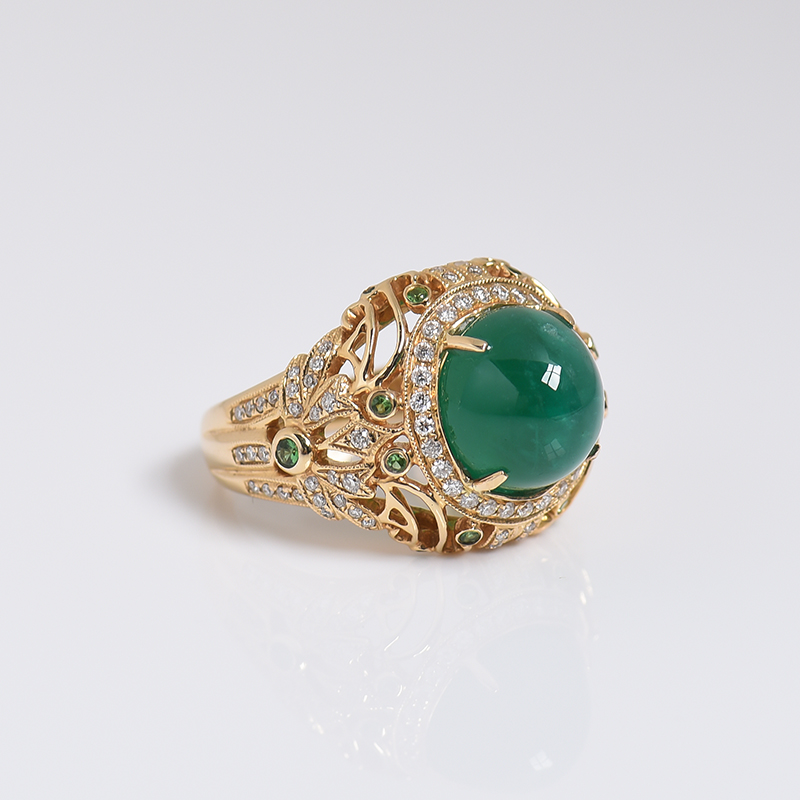 18K金镶钻鲜绿祖母绿猫眼戒指 - 红掌柜