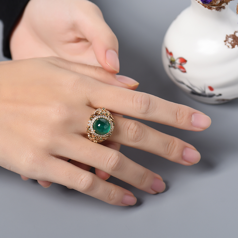 天然鲜绿祖母绿猫眼戒指 - 红掌柜