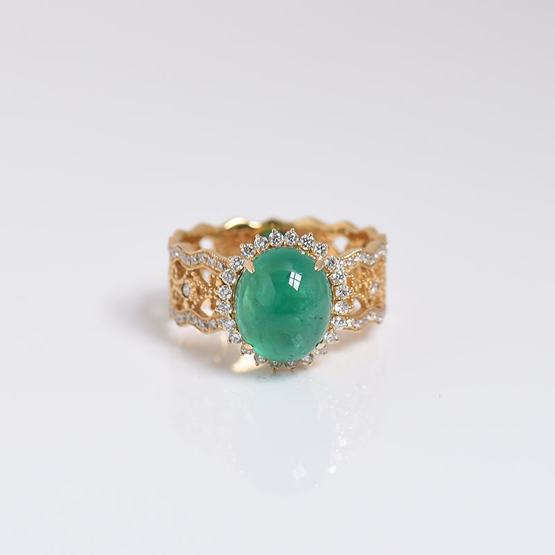 哥伦比亚天然18K金镶钻鲜绿祖母绿猫眼戒指 - 红掌柜
