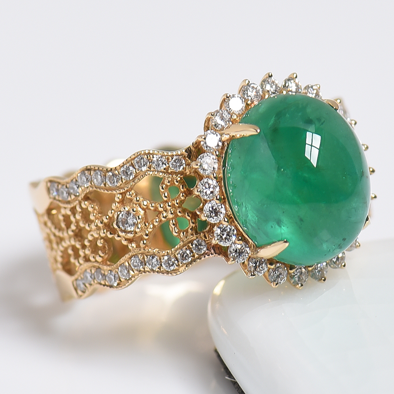 哥伦比亚18K金镶钻鲜绿祖母绿猫眼戒指 - 红掌柜