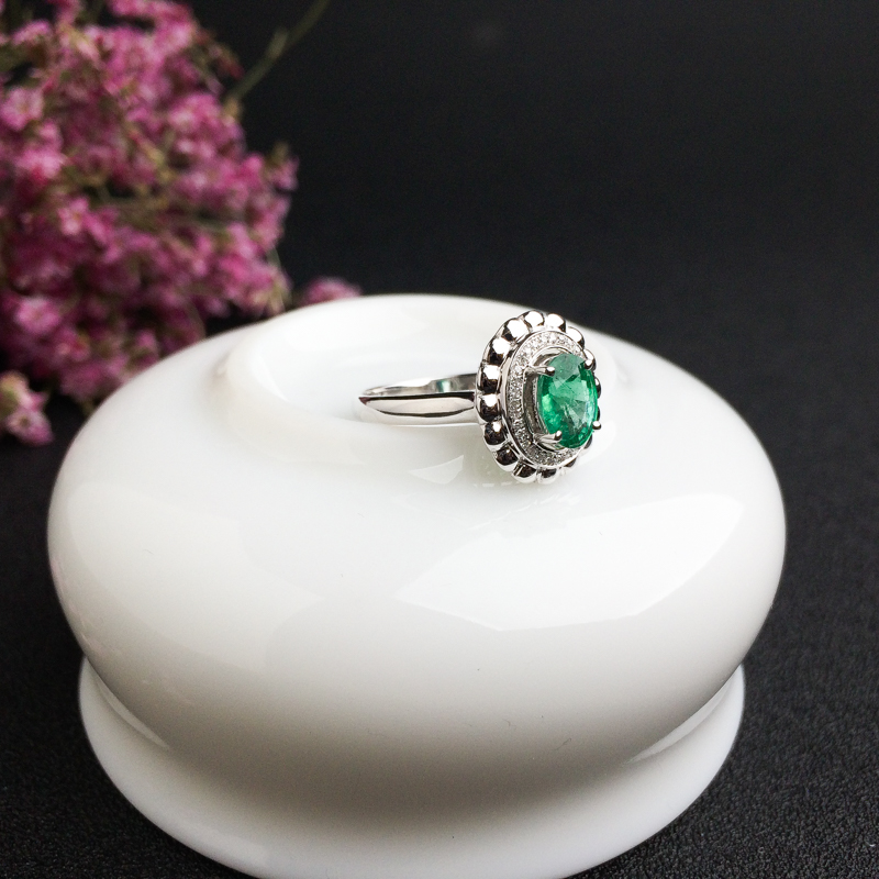 天然18K金镶钻祖母绿戒指 - 红掌柜