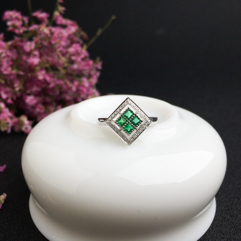 哥伦比亚天然18K金镶钻祖母绿戒指 - 红掌柜