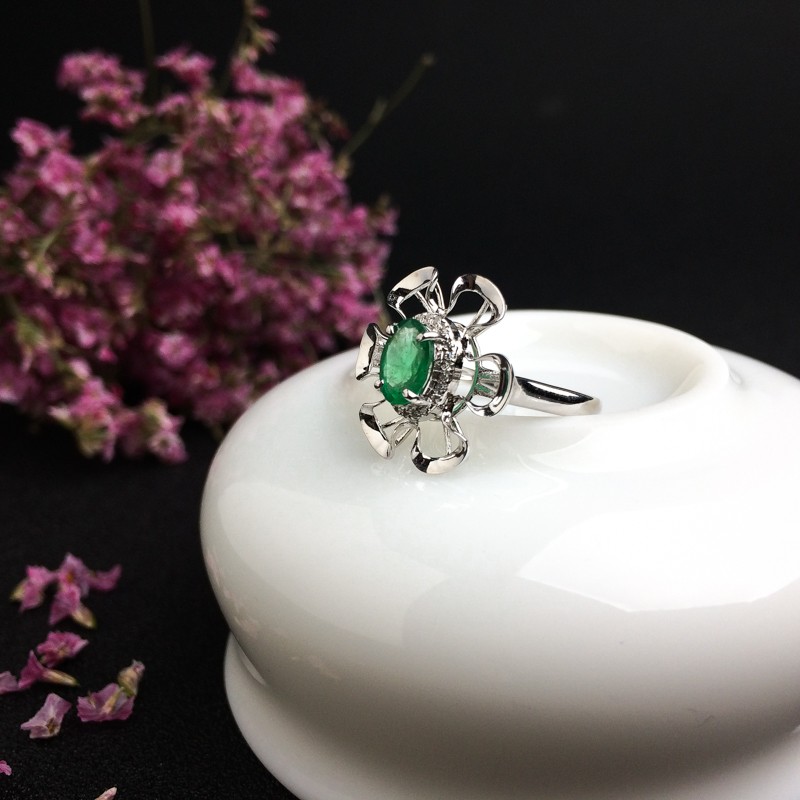 天然18K金镶钻祖母绿戒指 - 红掌柜