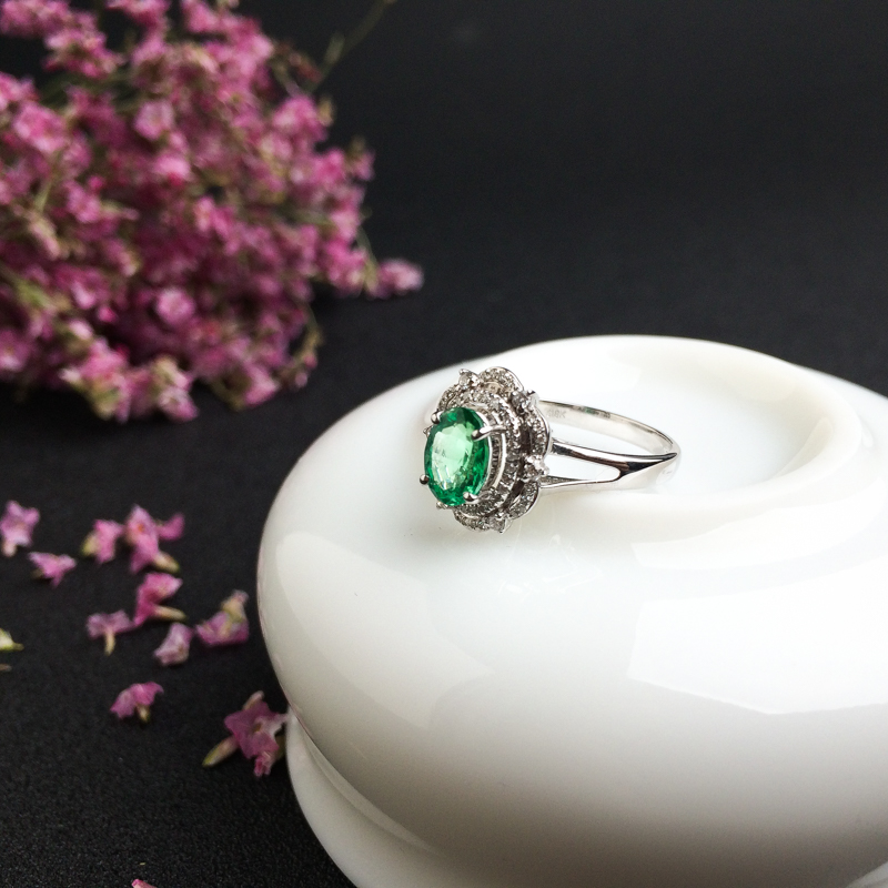 天然18K金镶钻祖母绿戒指 - 红掌柜