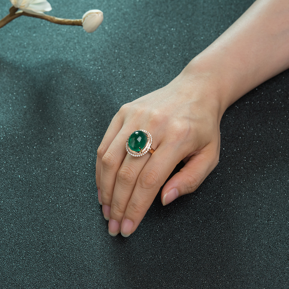 金镶钻蓝绿祖母绿戒指-红掌柜