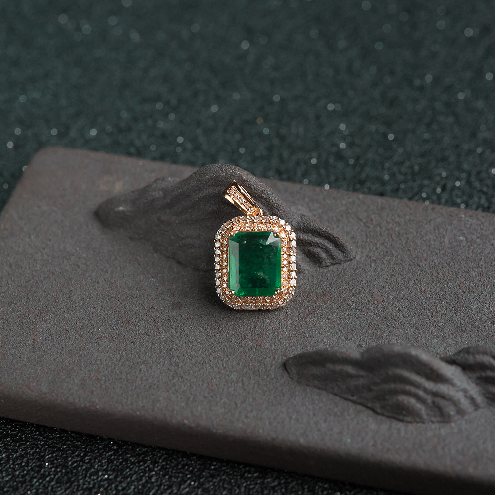 18K金镶钻鲜绿祖母绿吊坠-红掌柜