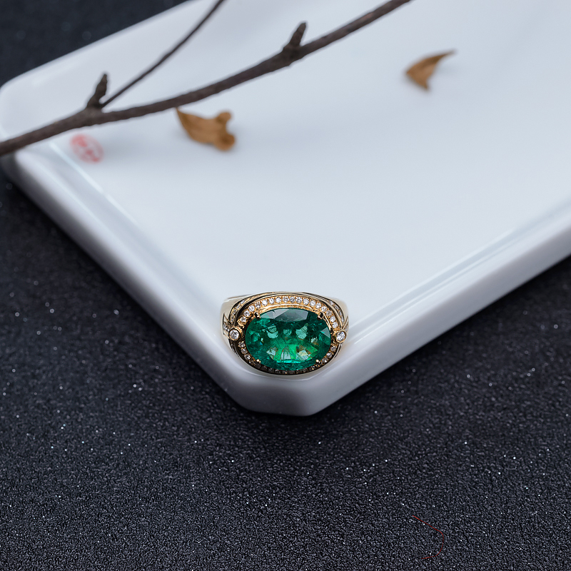 18K金镶钻亮绿祖母绿戒指-红掌柜