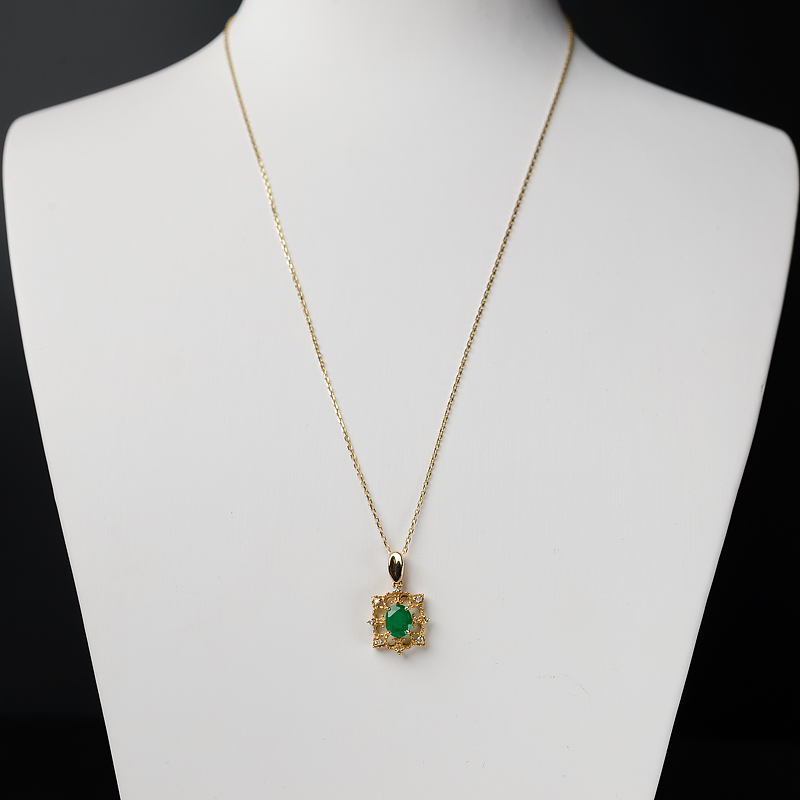 18K金镶钻天然鲜绿祖母绿项链-红掌柜