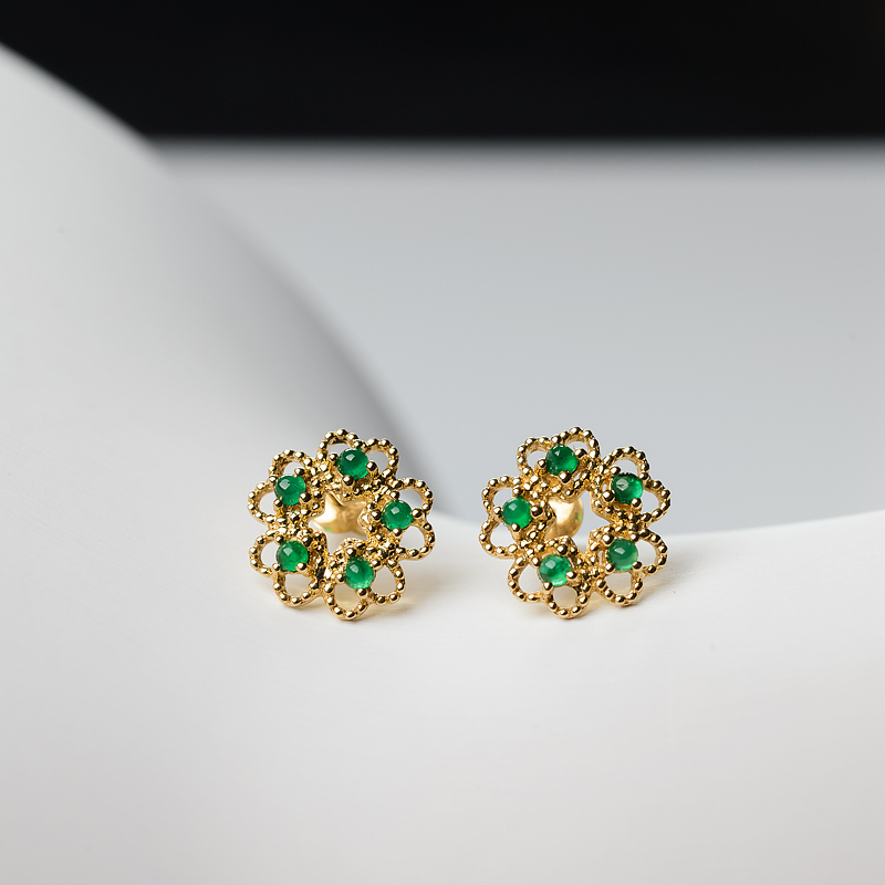 18K金镶天然鲜绿祖母绿耳钉-红掌柜