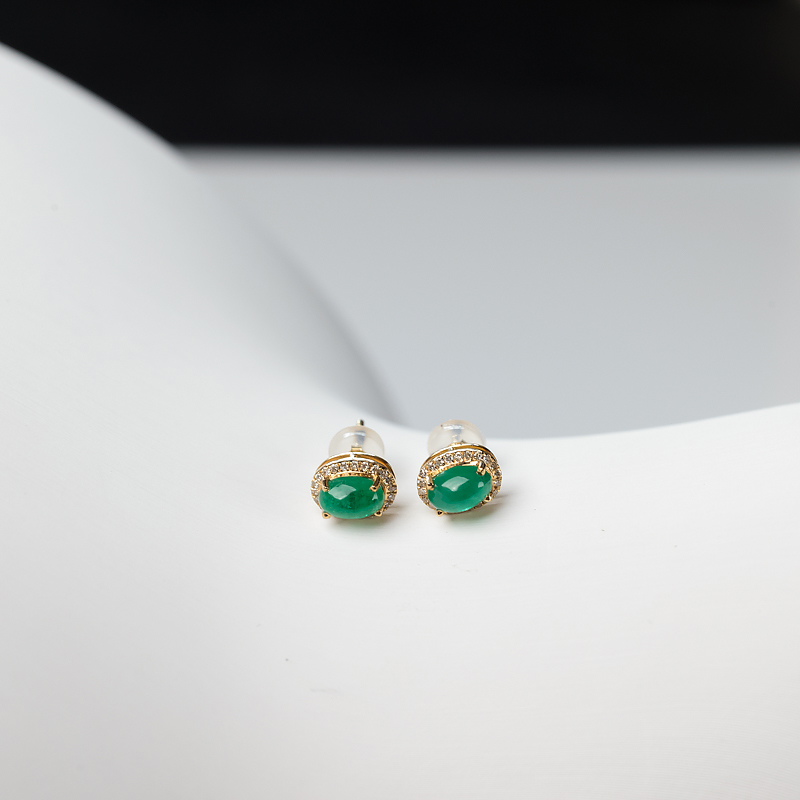 18K金镶钻天然鲜绿祖母绿耳钉-红掌柜