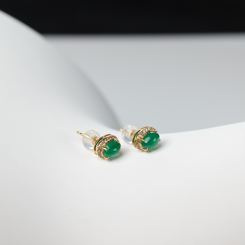 18K金镶钻鲜绿祖母绿耳钉-红掌柜