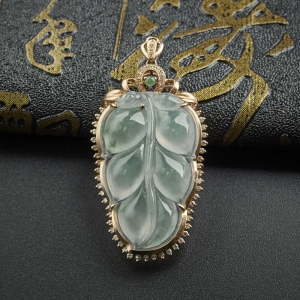 18K金镶冰糯种飘花翡翠叶子