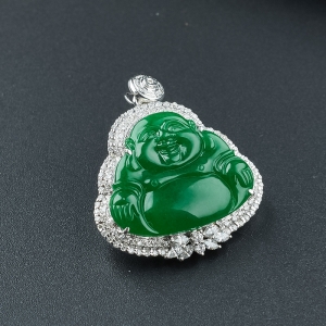 18K金镶钻糯种翡翠绿佛吊坠