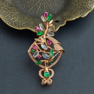 18K金群镶高冰阳绿翡翠花吊坠