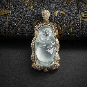 18K金镶冰种翡翠飘花站佛吊坠