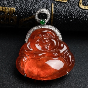 18K金镶糯种红翡佛吊坠