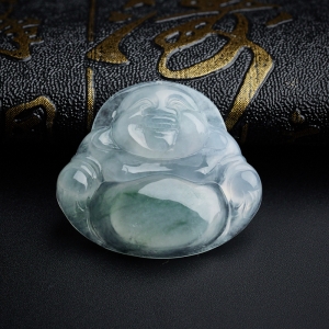 糯冰种飘蓝花翡翠佛吊坠