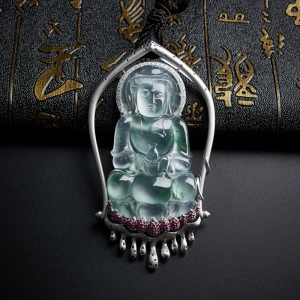 18K金镶钻冰种飘花翡翠观音吊坠