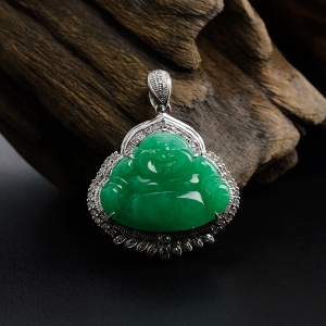 18K金镶钻糯种阳绿翡翠坐佛吊坠
