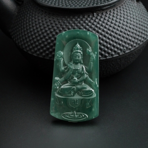 冰糯种晴蓝水翡翠六臂观音吊坠