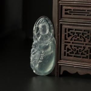 冰种飘花翡翠送子观音吊坠