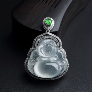 18K金镶冰糯种翡翠弥勒佛吊坠